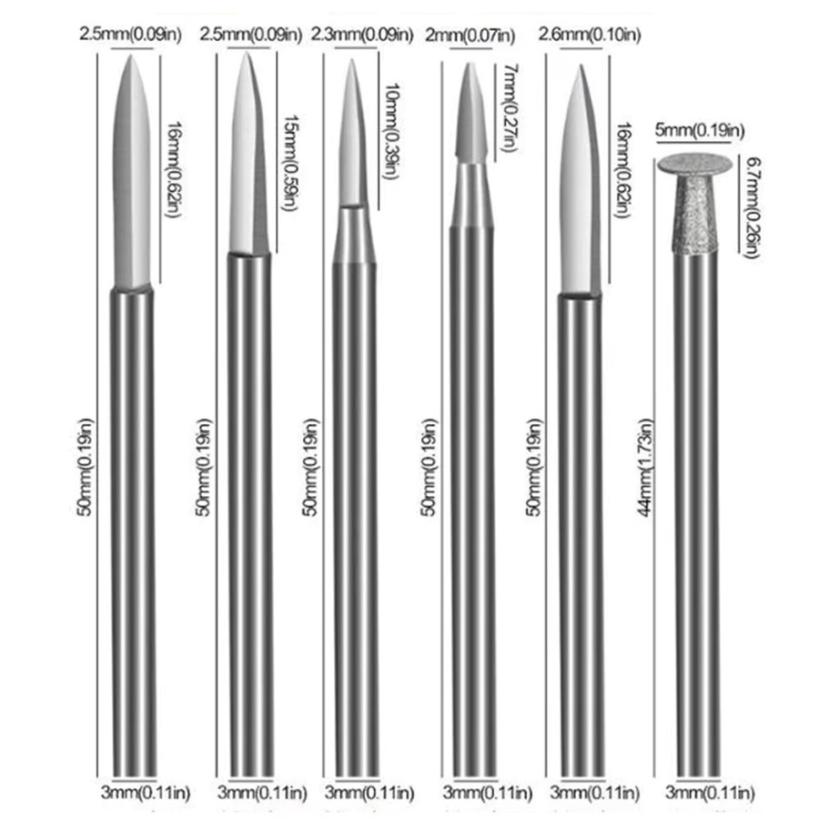 DAZZLEEX Holzschnitzbohrer Set für Drehwerkzeuge in Silber, 6 Stück mit 2,35 mm Schaft, Gravur- und Schleifstifte für Kunsthandwerk und Metall, Durchmesser 2–5 mm - Bild 1