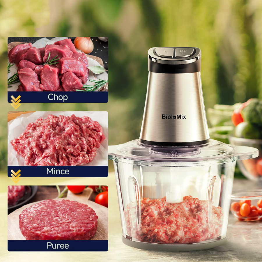BioloMix Elektrischer Zerkleinerer mit 300W, Mini-Format in Weiß und Silber mit 2 Schüsseln und 4 Klingen für Babynahrung, Hackfleisch, Zwiebeln und Kräuter - Bild 2