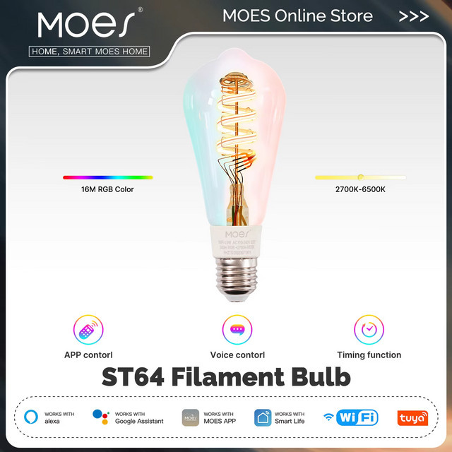 MOES Tuya WiFi Smart ST64 Edison LED-Glühbirne mit 16 Millionen RGB-Farben, dimmbar, kompatibel mit Alexa und Google Home - Bild 1
