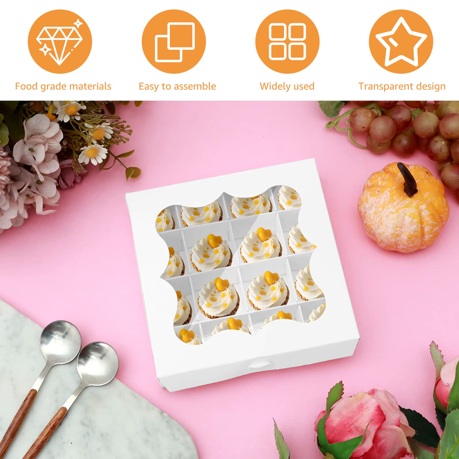 Cupcake-Verpackungsbox aus Papier mit 16 Fächern und klarem Fenster in Weiß für Gebäck, Schokolade und Desserts (10 Stück) - Bild 2