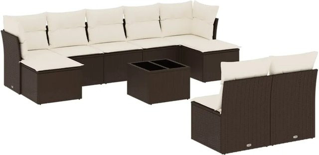 vidaXL 10-tlg. Garten-Sofagarnitur in L-Form aus braunem Poly-Rattan mit wetterfesten Kissen und Metallrahmen - Bild 1
