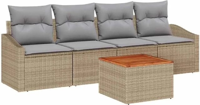 vidaXL Garten-Sofa-Set 5-teilig aus Akazienholz und Metall in Beige und Hellgrau mit Polsterkissen und Couchtisch - Bild 1