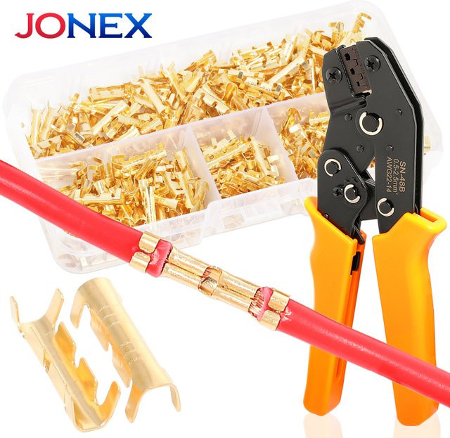 Jonock 300 Stück U-förmige elektrische Kabelklemmen aus Messing in Gold mit Schrumpfschlauch für 0,5–1,5 mm² Kabel - Bild 1