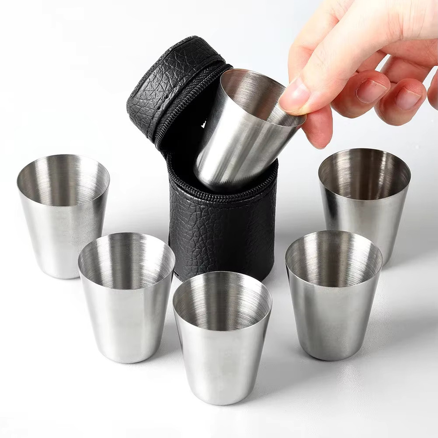 VIE LENTE Reise-Edelstahlbecher Set für Whisky und Wein, Silber, 6 Stück, 30 ml pro Becher - Bild 2