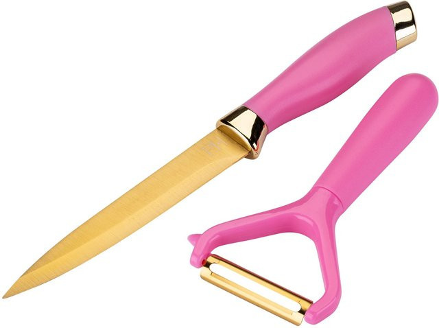 Paris Hilton Küchenset bestehend aus Schäler und Messer in Gold und Pink aus Edelstahl und Kunststoff - Bild 1