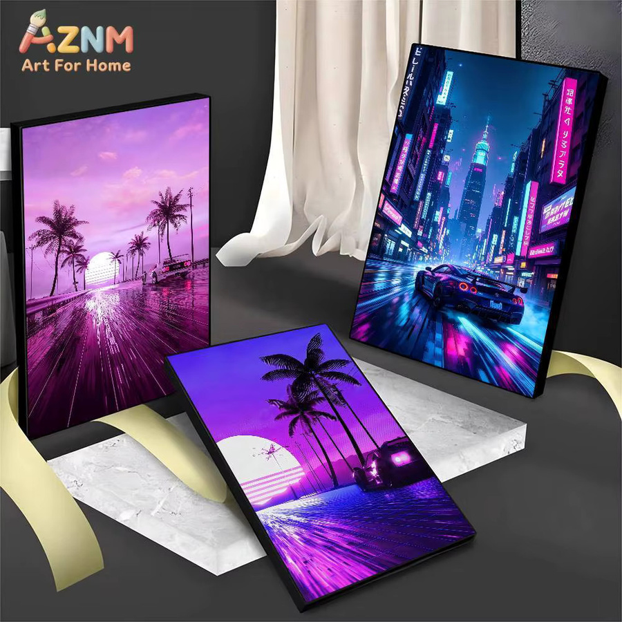 AZNM Synthwave Neon City Leinwand-Wandkunst im Retro-Stil der 80er Jahre mit Sportwagen und Palmen-Druck - Bild 3