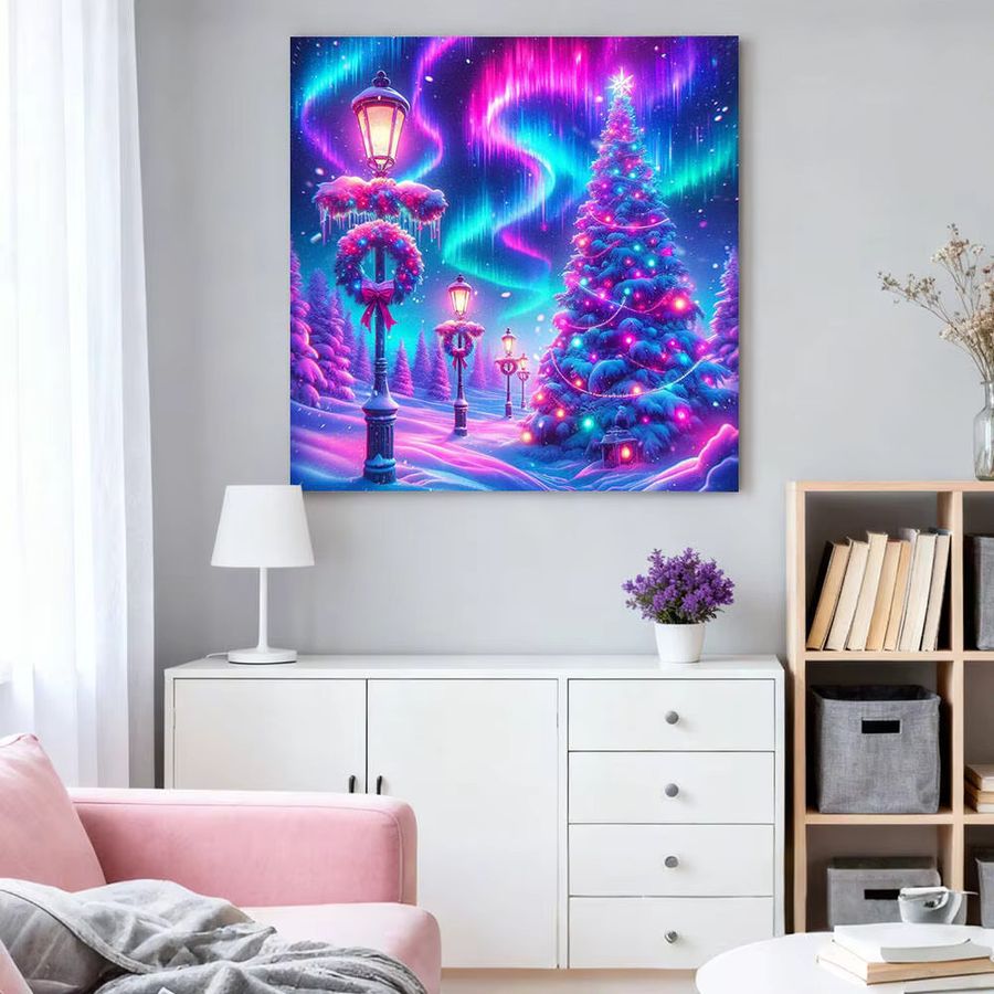 HUACAN Diamantmalerei Weihnachtsbaum Winter Landschaft als Wanddeko Set mit bunten Full Round Strasssteinen - Bild 3