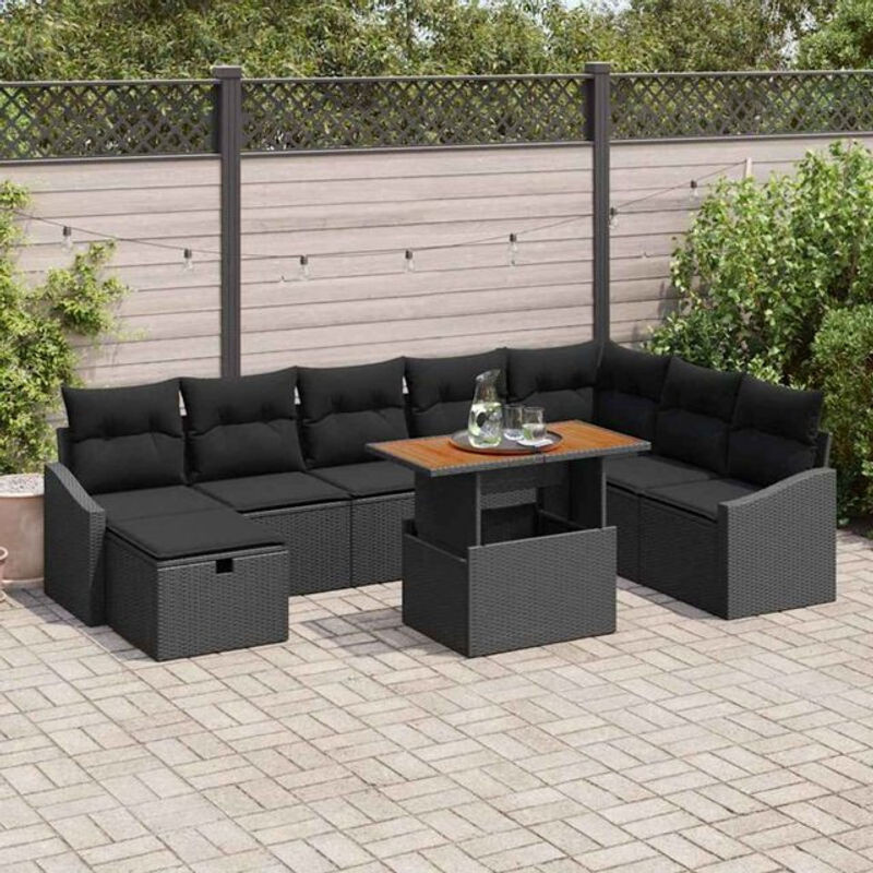 vidaXL Garten-Sofa-Set aus Poly-Rattan und Massivholz mit 9 Kissen in Schwarz - Bild 1