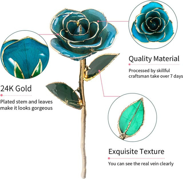 24 Karat Gold verzierte Rosenblume in Gold und Blau als dekoratives Geschenk für Valentinstag, Muttertag oder Jahrestag - Bild 1