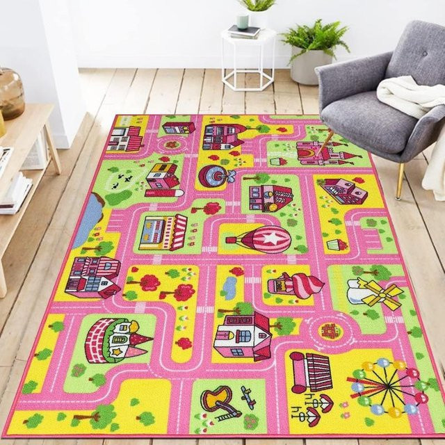 Rutschfeste Kinder-Teppichmatte Lodestar mit Cartoon-Stadt-Motiv aus Flanell, Mehrfarbig, B/B: 80 x 120 cm - Bild 1