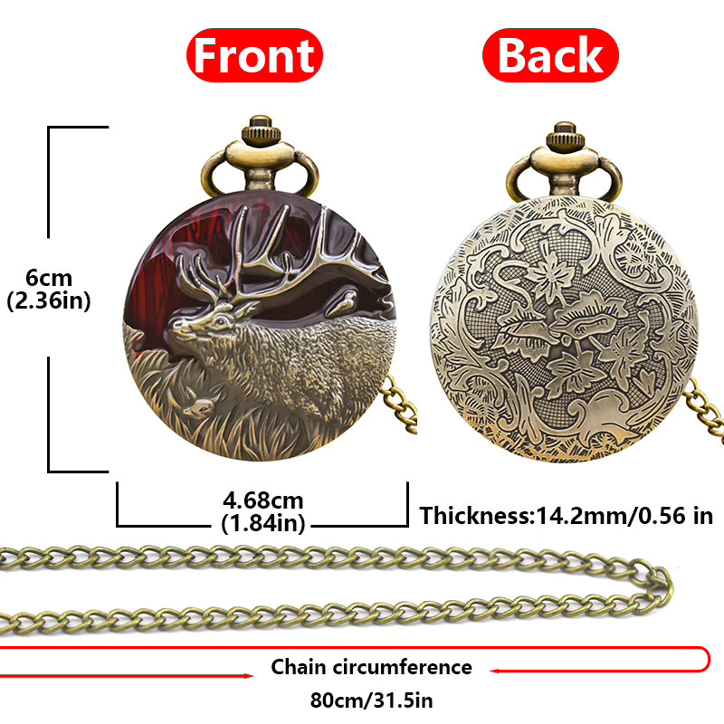 wecin Taschenuhr Halskette, Quarz, Bronze, Elch, Unisex - Bild 3