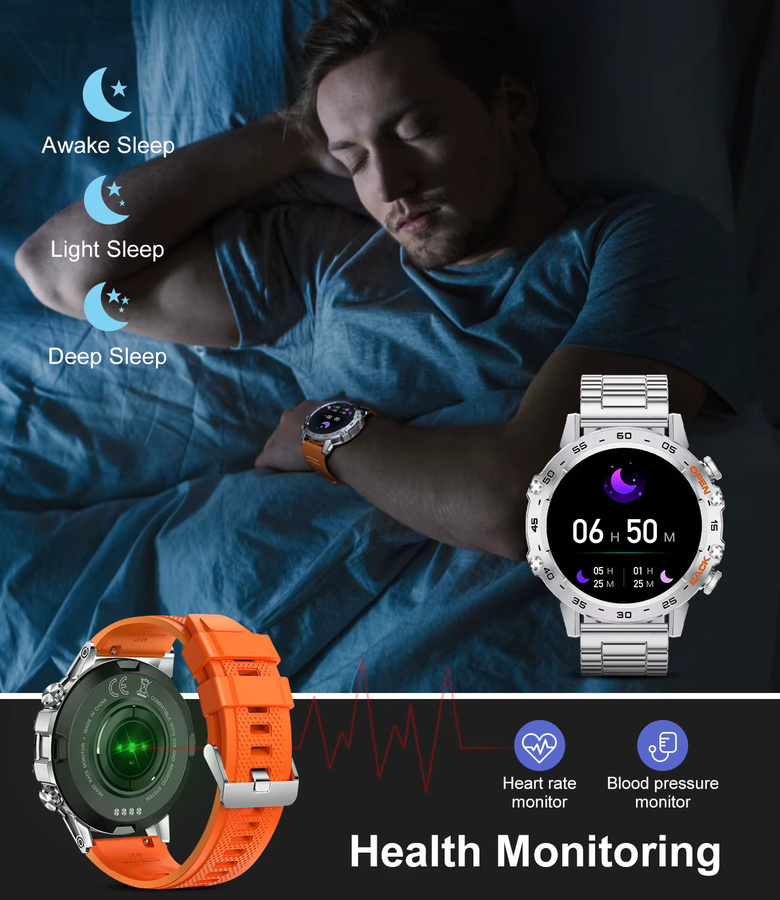 LIGE Smartwatch für Herren mit 1.39 Zoll Runddisplay, Bluetooth Anruf, Herzfrequenz-Überwachung und Sport-Fitness-Funktionen, Farbe: Orange/Schwarz/Silber - Bild 4