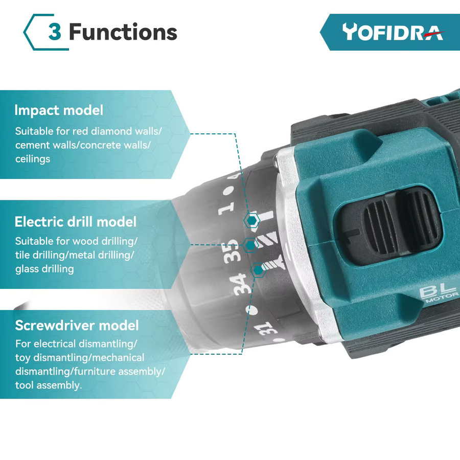 YOFIDRA Bürstenloser elektrischer Akku-Schlagbohrschrauber Set in Petrol mit 35+3 Drehmoment und 13 mm Aufnahme, kompatibel mit Makita LXT Akkus - Bild 4