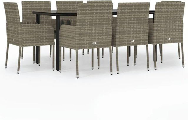 vidaXL 9-teilige Garten-Essgruppe aus Poly Rattan mit Kissen in Schwarz und Grau mit Tisch aus gehärtetem Glas - Bild 1