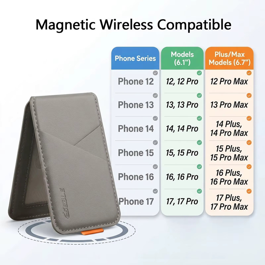 Eseble Magnetischer Telefonkartenhalter aus Premium PU-Leder in Grau mit RFID-Schutz und Kompatibilität für magnetisches kabelloses Laden - Bild 6