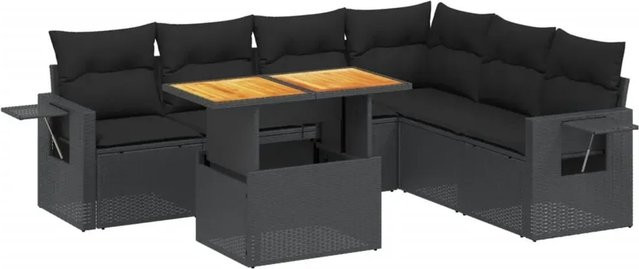 vidaXL 7-tlg. Garten-Sofagarnitur in L-Form aus schwarzem Poly-Rattan mit Kissen und pulverbeschichtetem Stahlgestell - Bild 1