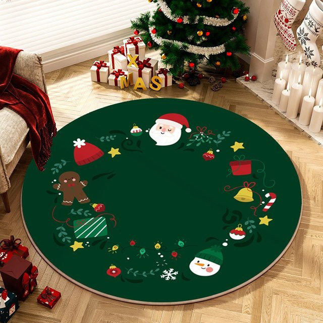 Runder Weihnachts-Teppich mit Motiv aus Schneemann, Lebkuchen und Glocken in Grün, rutschfeste Bodenmatte für Wohnzimmer und Schlafzimmer - Bild 1