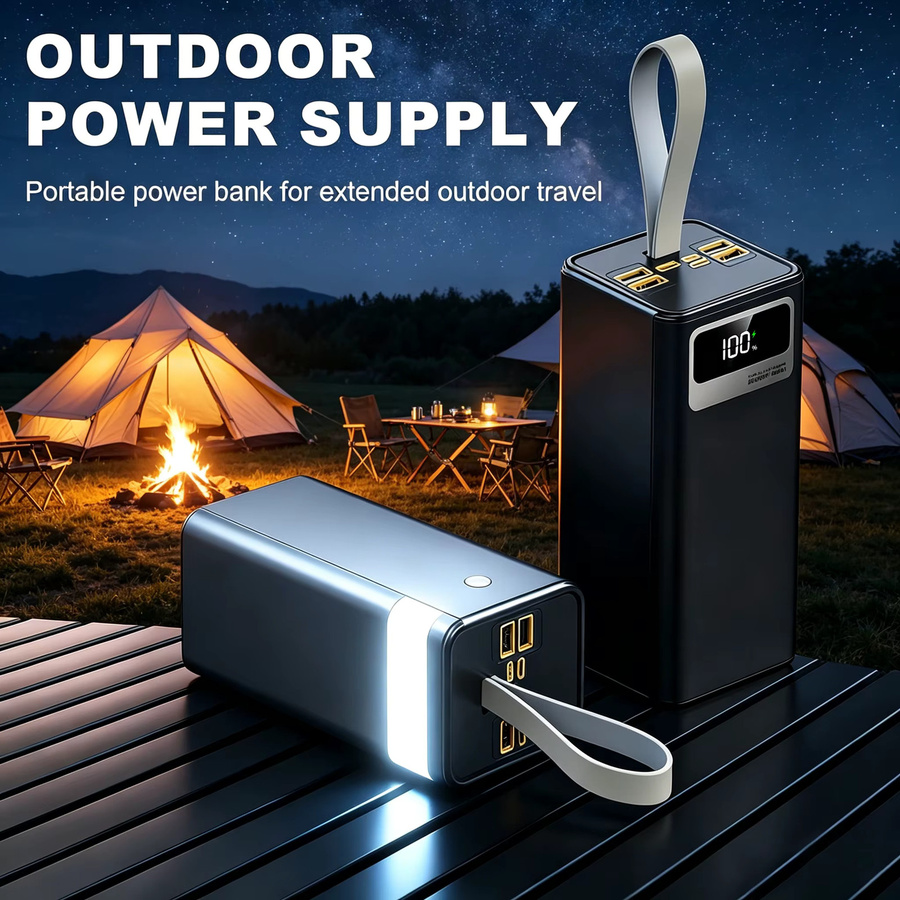 InTessry Powerbank 100000mAh mit 22,5W Schnellladefunktion, weiß, mit Digital-Display, LED-Licht und Lederband - Bild 3