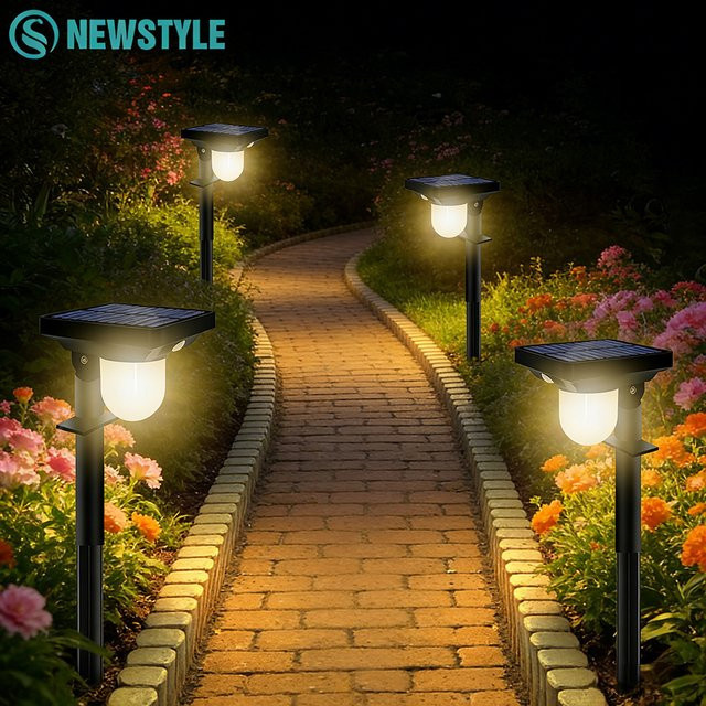 Solar-LED-Landschaftsstrahler mit Bewegungssensor für Garten und Terrasse, Wasserdichte Solar-Wegeleuchten in Schwarz mit warmweißem Licht - Bild 1
