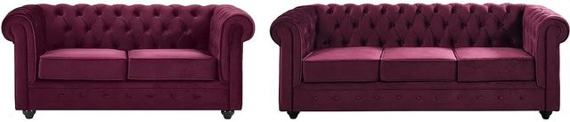 Vente-unique Chesterfield Couchgarnitur aus Samt in Bordeaux mit 2-Sitzer und 3-Sitzer - Bild 1