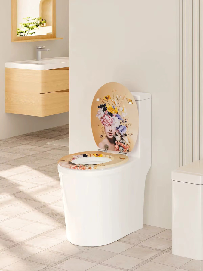 WOLTU O-förmiger ovaler Toilettendeckel aus Holz mit weichem Schließmechanismus und bedruckter Dekoration, Multicolor - Bild 3