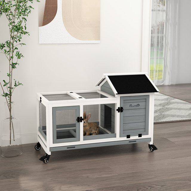 Pawhut Holz-Kaninchenstall mit Rollen und klappbarem Dach in Grau, B/T/H: 108 x 58 x 73,5 cm - Bild 1