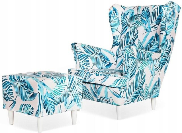 Ohrensessel ARI PRINT mit Hocker von Family Meble in Blau im skandinavischen Design, B/T/H: 84 x 92 x 104 cm - Bild 1
