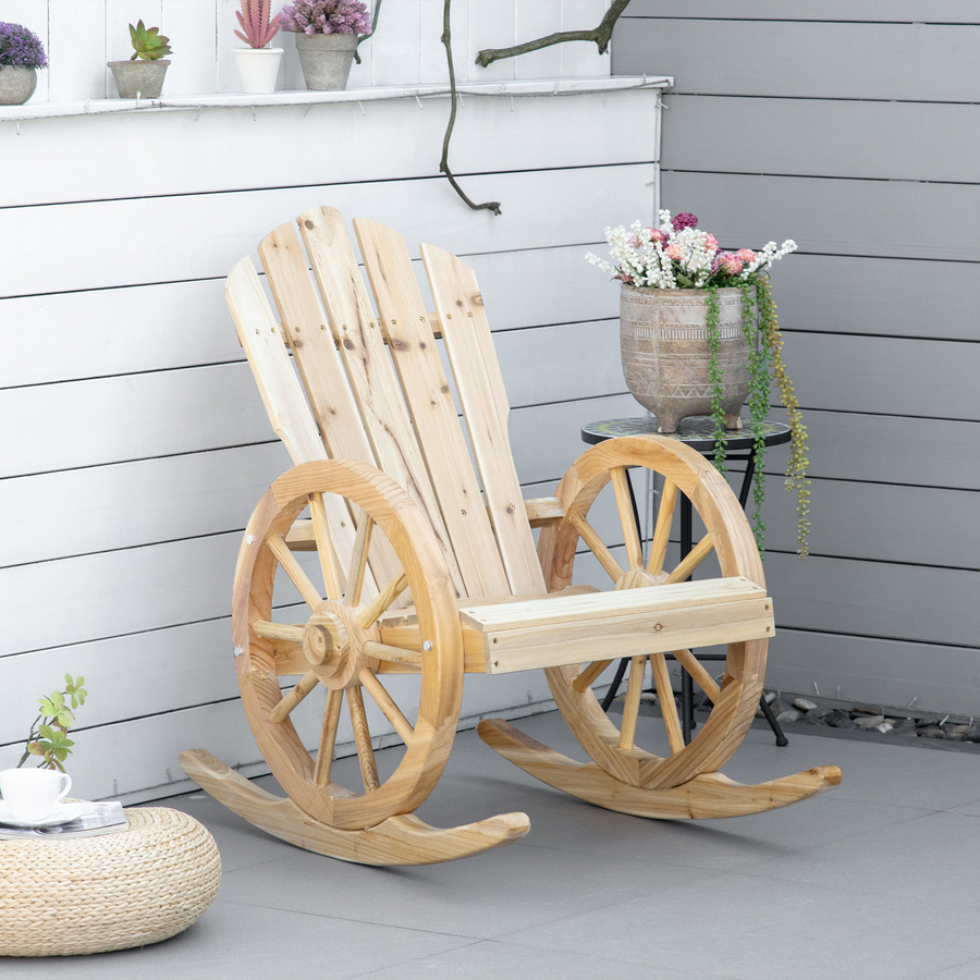Outsunny Schaukelstuhl aus Massivholz in Naturholz, rustikaler Relaxstuhl mit Rollen und Armlehnen für Garten und Terrasse, B/T/H: 68 x 88 x 92 cm - Bild 2