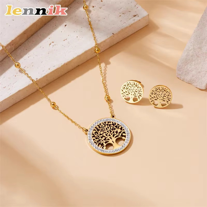 LENNIK Schmuck-Set, Baum des Lebens Anhänger, Ohrstecker, Halskette, Edelstahl, Gold, Zirkonia - Bild 4