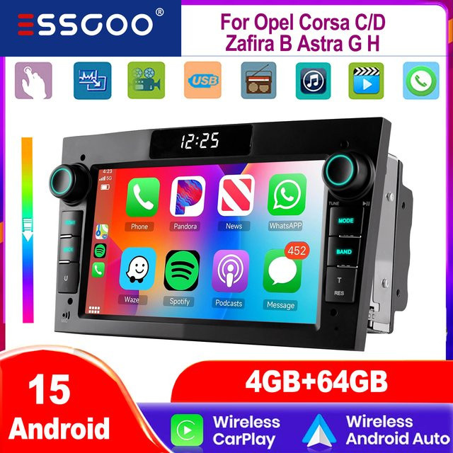 ESSGOO Android 15 Autoradio mit 7 Zoll Display für Opel Astra H Corsa C D Vectra C Zafira B Signum Combo inklusive GPS, Carplay, Android Auto, Bluetooth und WiFi in Schwarz - Bild 1