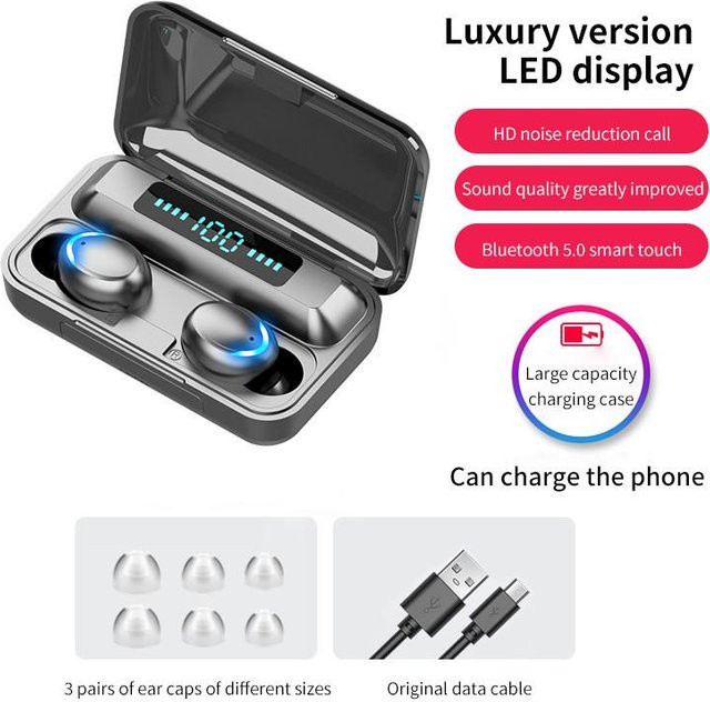 JQIQLY F9 HiFi Bluetooth 5.0 In-Ear Kopfhörer mit CVC 8.0 Rauschunterdrückung und Ladehülle in Schwarz - Bild 1