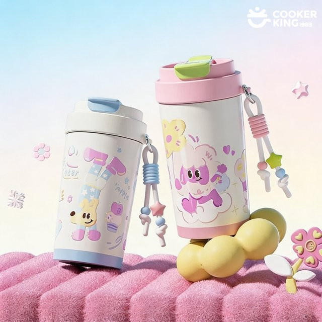 COOKER KING Isolierter Reisebecher aus Edelstahl mit Strohhalm, Farbe: Weiß, 420 ml - Bild 1