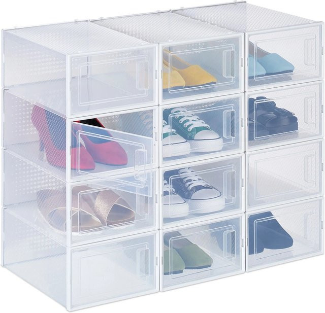 Relaxdays Schuhboxen 12er Pack aus Kunststoff, transparent und weiß, stapelbar, B: 23 cm, T: 14,5 cm, H: 33,5 cm - Bild 1