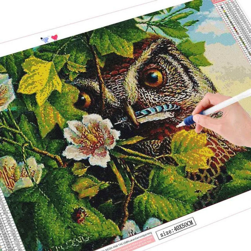 FIYO Diamant Mosaik Set Eule 5D Diamant Stickerei mit Vollrunden Steinen, Mehrfarbig, B: 30 cm x H: 20 cm - Bild 1