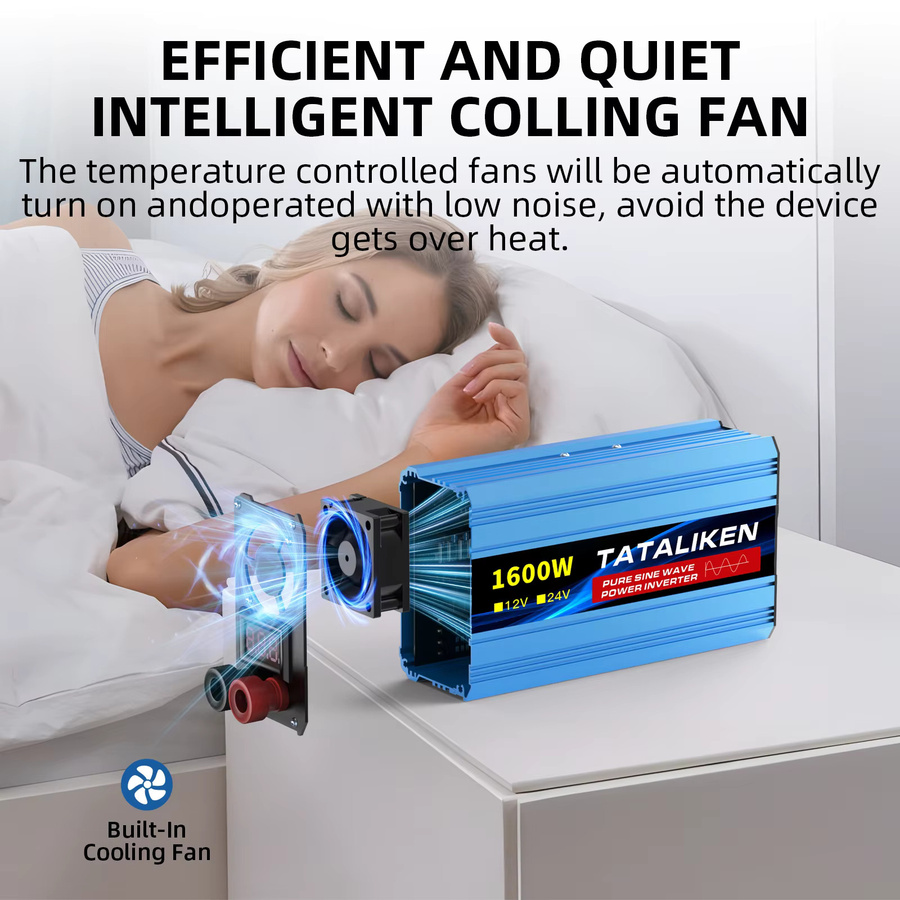 TATALIKEN DC-AC-Stromwandler 12V auf 220V mit leisem Lüfter, 1000W/1600W Steckdosenadapter in Blau für Fahrzeuge und Outdoor-Notfälle - Bild 2
