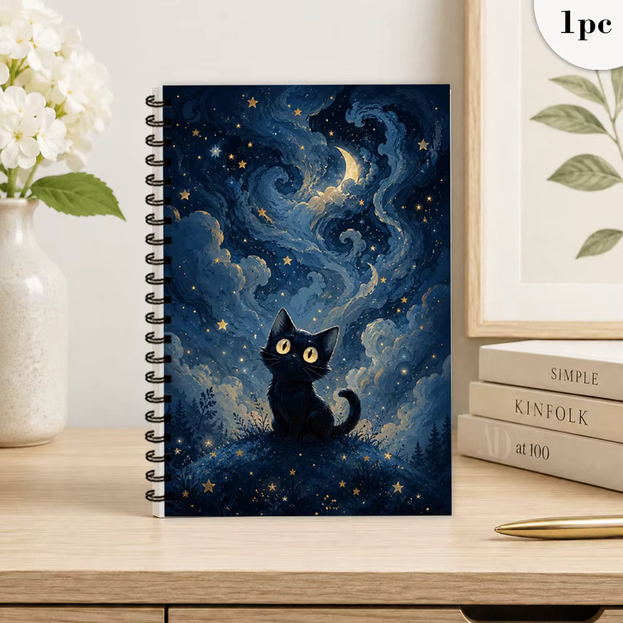 Notizbuch Sternenhimmel Schwarze Katze mit Blanko-Linienblättern, A5, Schwarz und Blau - Bild 3