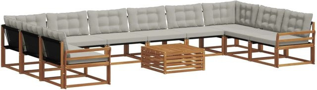 vidaXL Outdoor-Sofagarnitur 11-teilig aus massivem Akazienholz mit Textilene und Kissen in Beige und Grau - Bild 1