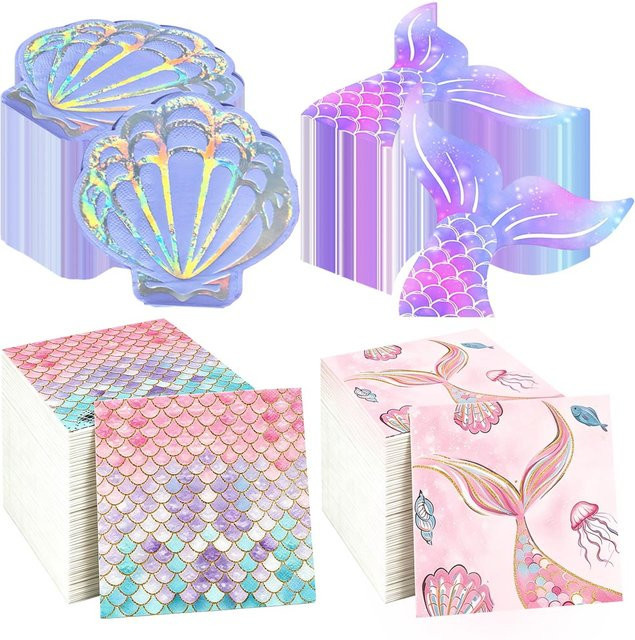 Mehrfarbige Papierservietten mit Meerjungfrauenschwanz- und Muschel-Design für Mädchen Geburtstagsparty, Babyparty oder Hochzeitsdekoration - Bild 1