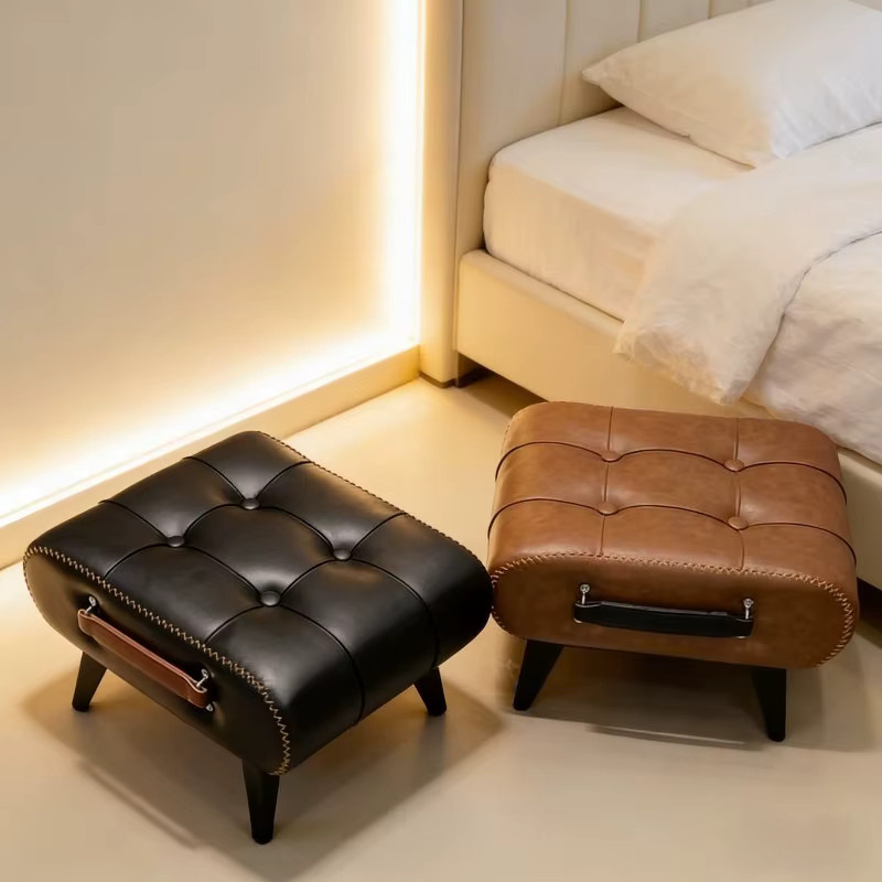 LIUSHADUOLA Ölwachsleder-Hocker in Schwarz als gepolsterter Fußhocker für Wohnzimmer und Eingangsbereich - Bild 4