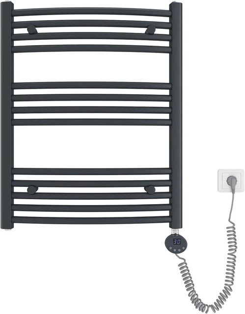 Emke Elektrischer Badheizkörper Gebogen mit Thermostat und Heizstab, Handtuchtrockner in Anthrazit, B: 75 cm, H: 60 cm, 300W - Bild 1