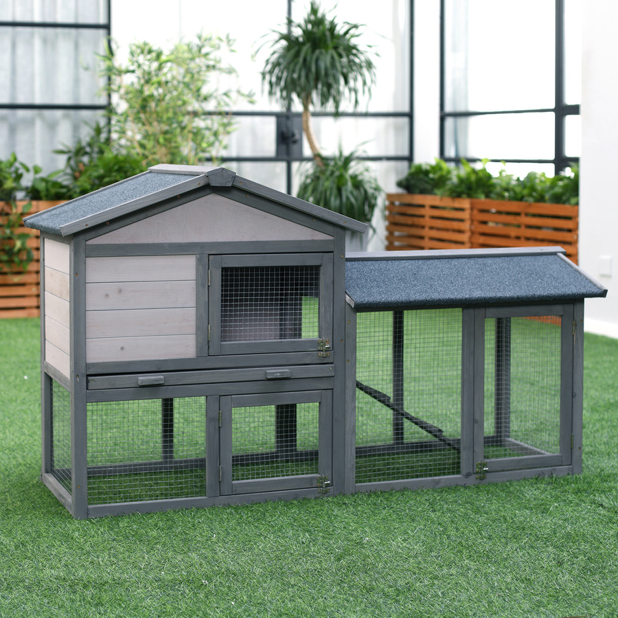 PawHut Kleintierstall mit Freilauf aus Tannenholz für Zwergkaninchen, Zwerghühner und Meerschweinchen, grau, B/T/H: 147 x 54 x 84 cm - Bild 2
