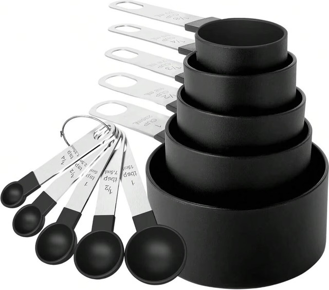 Leeseph 10-teiliges Messbecher- und Messlöffel-Set aus Edelstahl in Rot und Schwarz, stapelbar für trockene und flüssige Zutaten - Bild 1