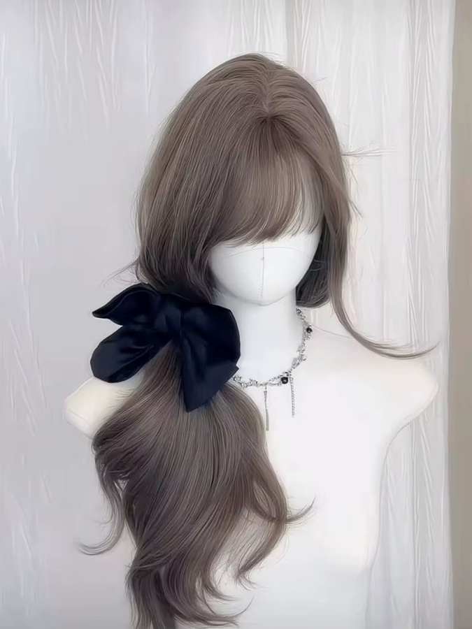 Graubraune Perücke mit Pony, langes gewelltes Synthetikhaar, 61 cm - Bild 2