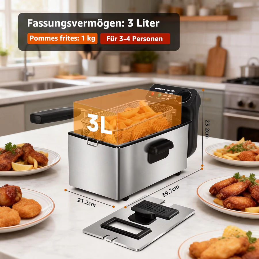Aigostar Fritteuse aus Edelstahl mit transparentem Deckel, 2200 W, 3 l, Silber - Bild 2