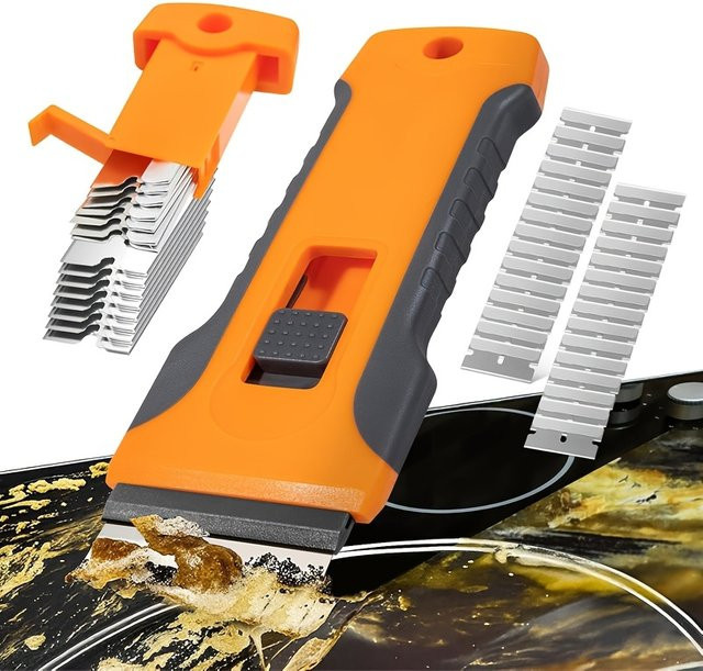 Einziehbarer Fensterglasschaber in Orange mit 5 Ersatzklingen als Fleckenreiniger für Kleber, Farbe und Aufkleber - Bild 1