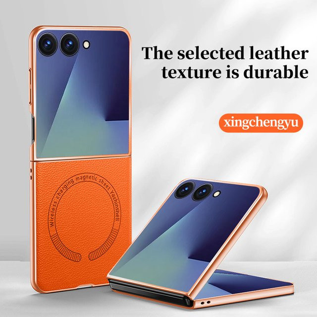Magnetische Leder-Handyhülle für Samsung Galaxy Z Flip 7 6 5 4 und ZFlip 7FE 5G mit MagSafe Unterstützung in Orange - Bild 1
