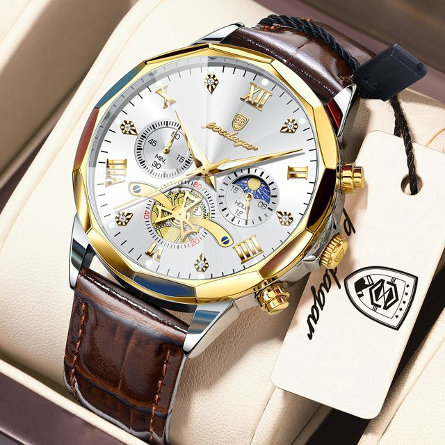 POEDAGAR Chronograph, Quarzuhr, Lederarmband, Silber, Herren - Bild 1