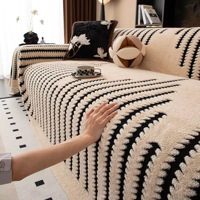 Beige Bohemian Jacquard Plüsch-Sofadecke aus Polyester für dein Wohnzimmer - Bild 3