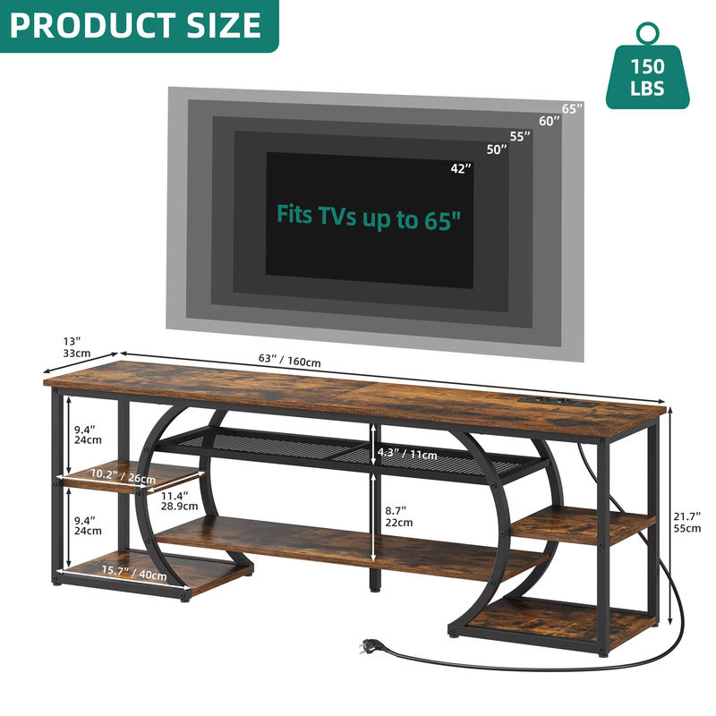 YITAHOME Mobiler TV-Ständer in Rustikalem Braun mit RGB-LED-Leuchten und Anschlüssen für bis zu 70-Zoll-Fernseher, Breite: 160 cm - Bild 5
