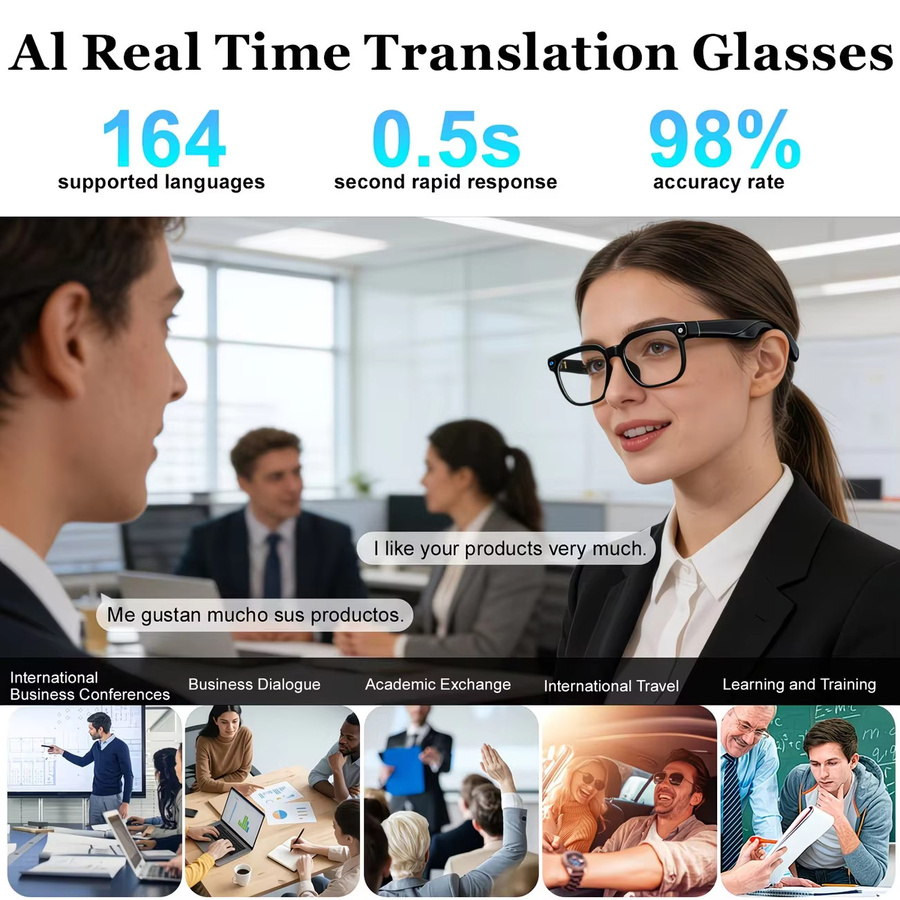 GUHUAVMI KI Smart-Brille mit Sprachübersetzung, 800W Pixel Kamera, Video-Musik-Player und Anruffunktion, Sonnenbrille in Schwarz und Transparent - Bild 4